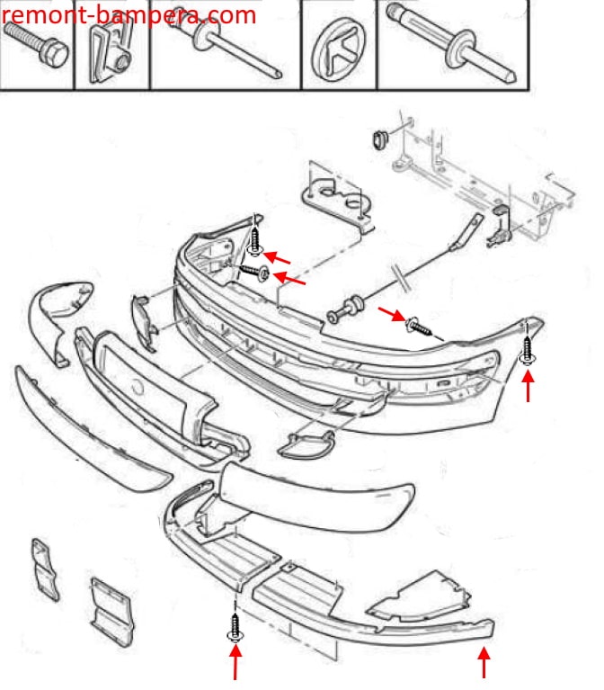 Esquema de montaje del parachoques delantero de Citroen Xsara (1997-2000)