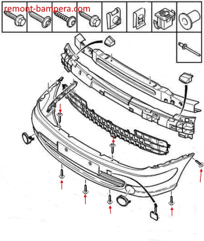 Esquema de montaje del parachoques delantero Citroen Xsara (2000-2006)