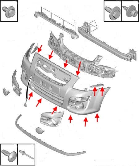 the scheme of fastening of the front bumper Citroen C2