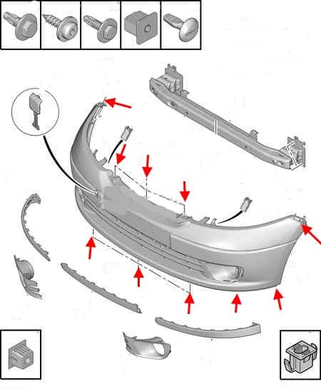 the scheme of fastening of the front bumper Citroen C3 (2002-2010)
