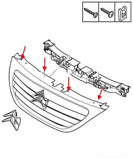 scheme of fastening of the radiator grille Citroen C3 (2002-2009)