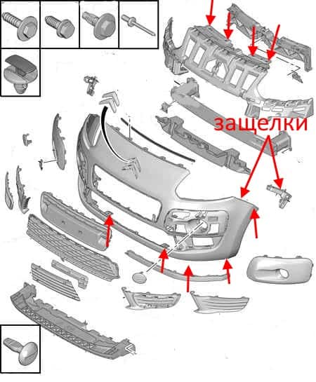 the scheme of fastening of the front bumper for Citroen C3 Picasso