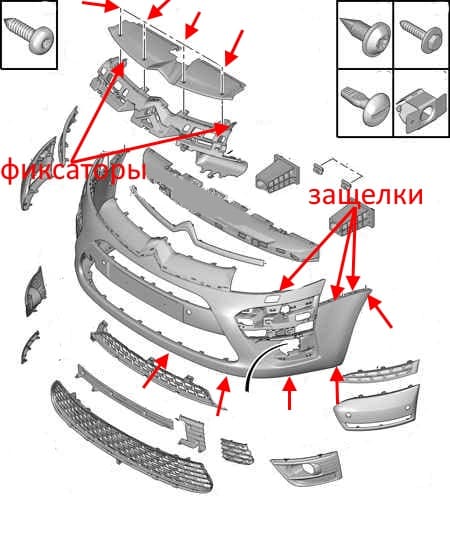 Schéma de montage du pare-chocs avant Citroen C4 Picasso (2006-2013)
