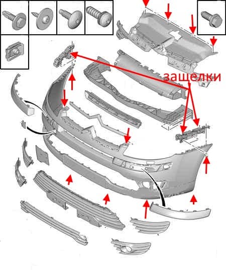 the scheme of fastening of the front bumper Citroen C4 (2004-2010)