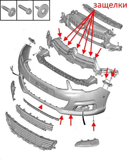 the scheme of fastening of the front bumper Citroen C4 II (after 2010)