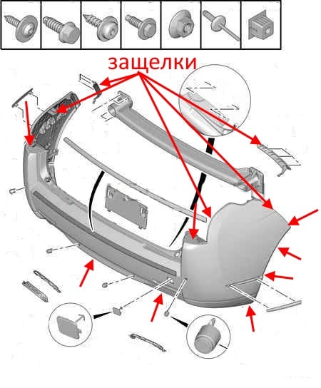 The scheme of fastening the rear bumper of the Citroen C6