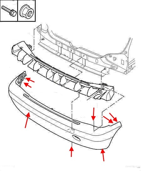 Diagrama de montaje del parachoques trasero Citroen Saxo