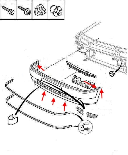 the scheme of fastening of the front bumper Citroen Xantia