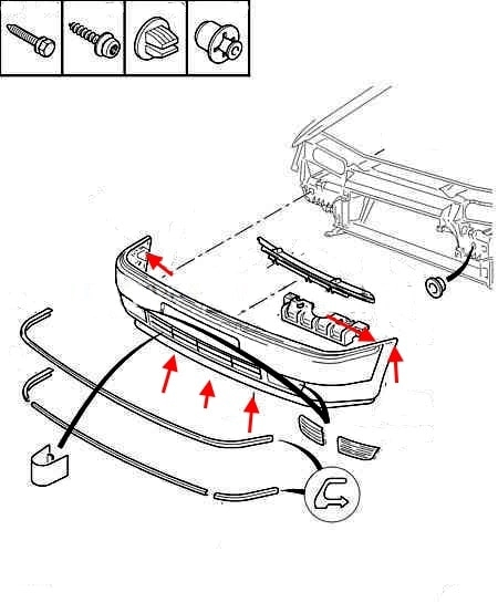 Diagrama de montaje del parachoques delantero Citroen Xantia