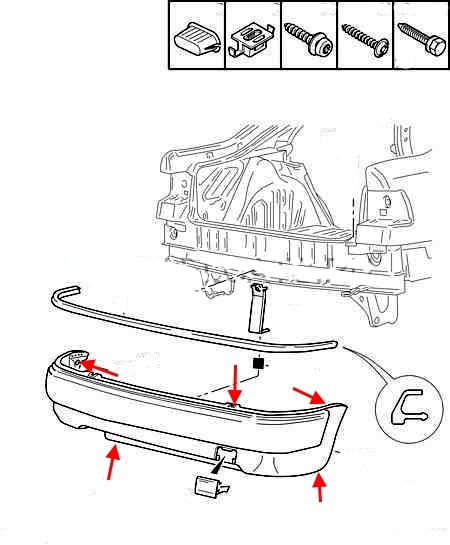 esquema de montaje para el parachoques trasero Citroen Xantia sedán
