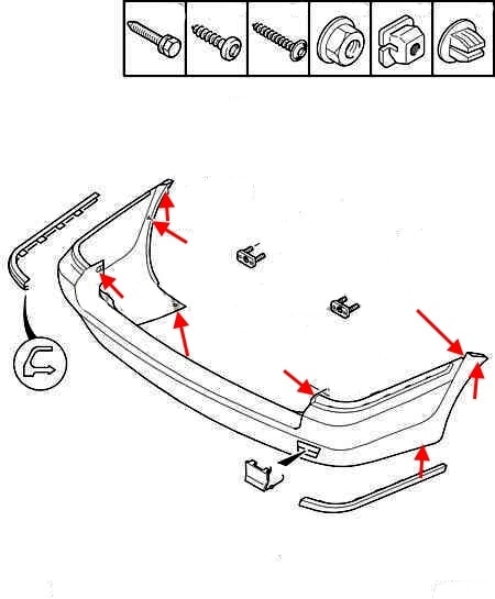 esquema de montaje para el parachoques trasero Citroen Xantia univarsal