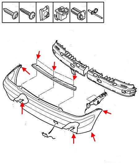 Befestigungsschema einer hinteren Stoßstange Citroen Xsara 2 (2000-2006)
