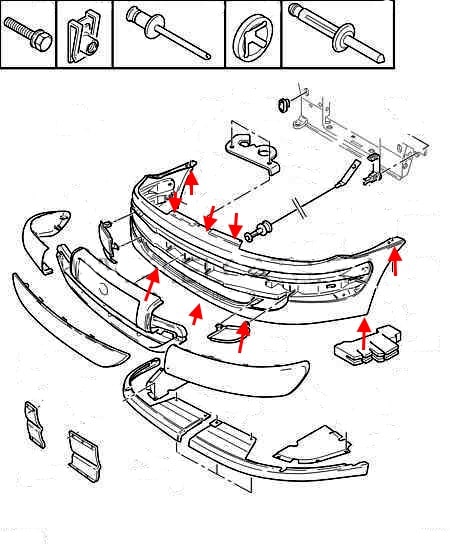 Schéma de montage du pare-chocs avant Citroen Xsara 1 (1997-2000)