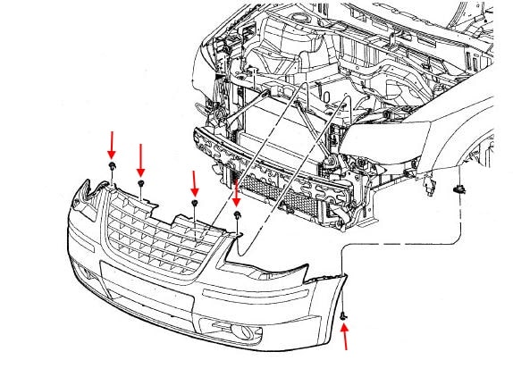 Esquema de montaje del parachoques delantero de Dodge Grand Caravan V (2007-2020)