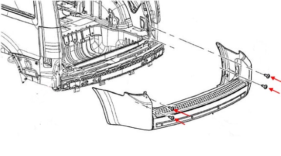 Befestigungsschema für die hintere Stoßstange des Dodge Grand Caravan V (2007-2020)