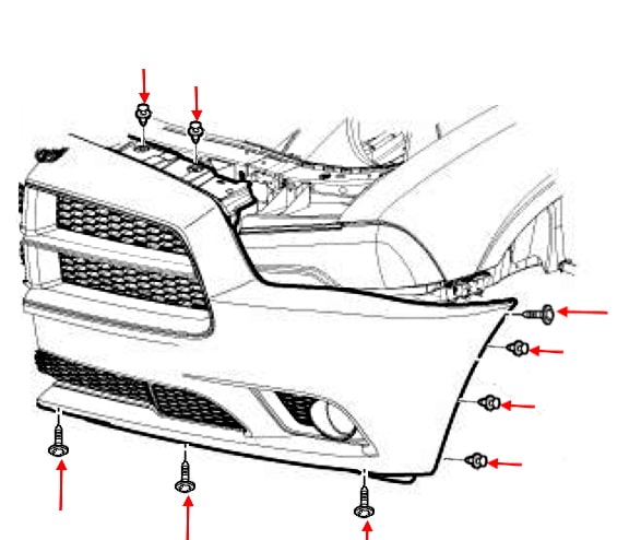 Esquema de montaje del parachoques delantero Dodge Charger LD VII (2011-2014)