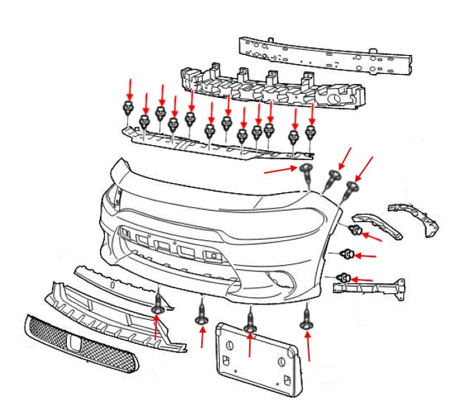 Esquema de montaje del parachoques delantero Dodge Charger LD VII (2015-2022)