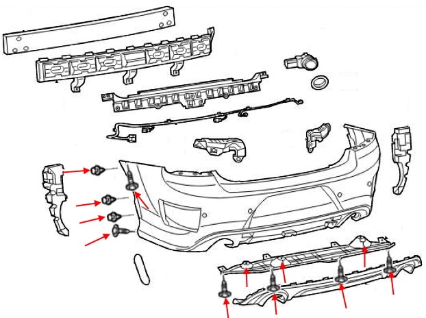 Esquema de montaje del parachoques trasero del Dodge Charger LD VII (2015-2022)
