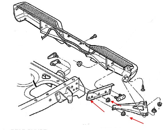 Befestigungsschema für die hintere Stoßstange des Dodge Dakota II (1997-2004)