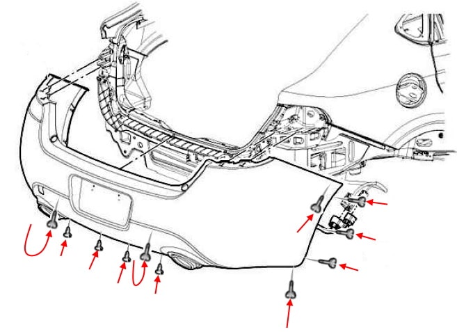 Esquema de montaje del parachoques trasero Dodge Dart (2013-2016)