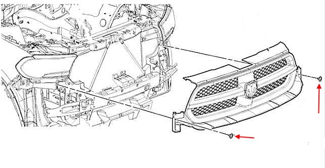 Esquema de montaje de la parrilla del radiador de Dodge Durango III WD (2011-2013)