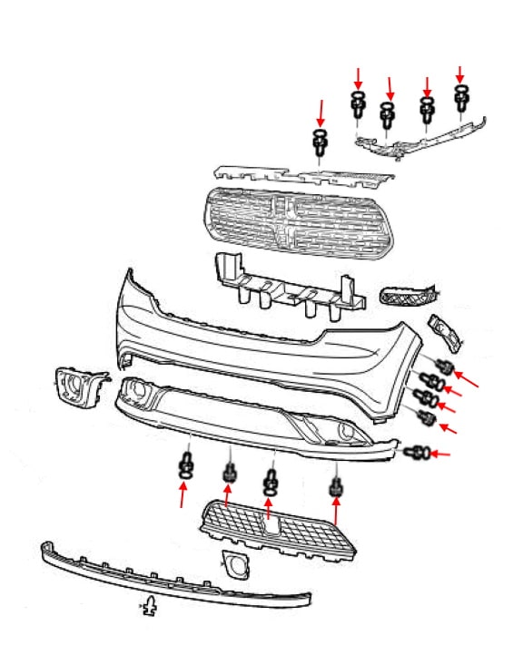 Схема крепления переднего бампера Dodge Durango III WD (2014-2022)