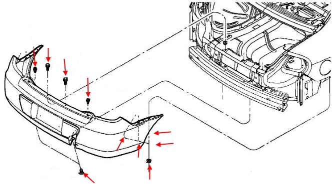 Схема крепления заднего бампера Dodge Neon II (SRT4) (2000-2005)