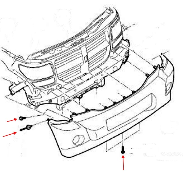 Esquema de montaje del parachoques delantero Dodge Nitro (2006-2012)