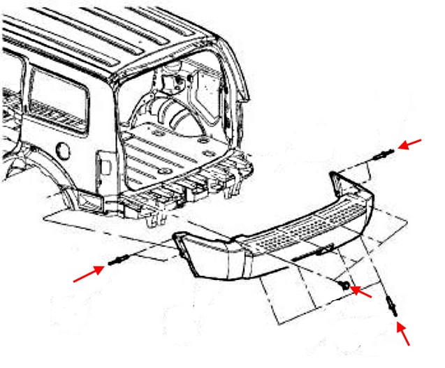 Esquema de montaje del parachoques trasero Dodge Nitro (2006-2012)