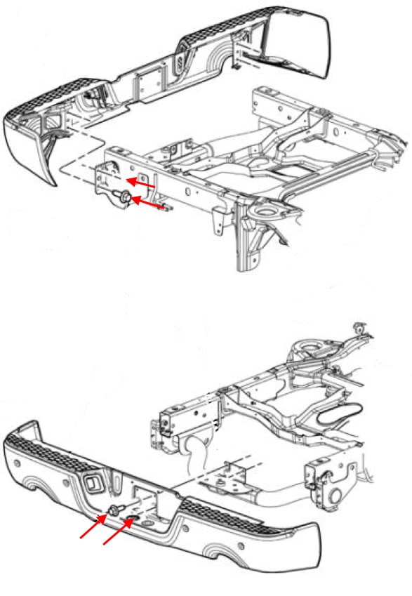 Esquema de montaje del parachoques trasero de Dodge Ram IV DS/DJ (2009-2018)