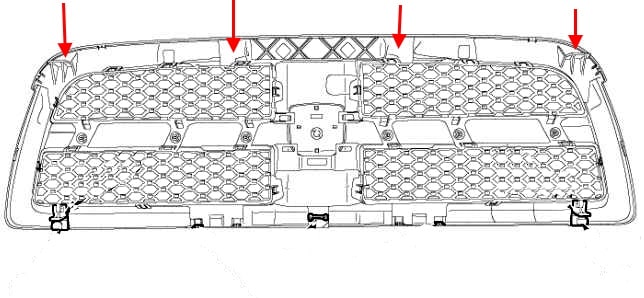 Схема крепления решетки радиатора Dodge Ram IV DS/DJ (2009-2018)