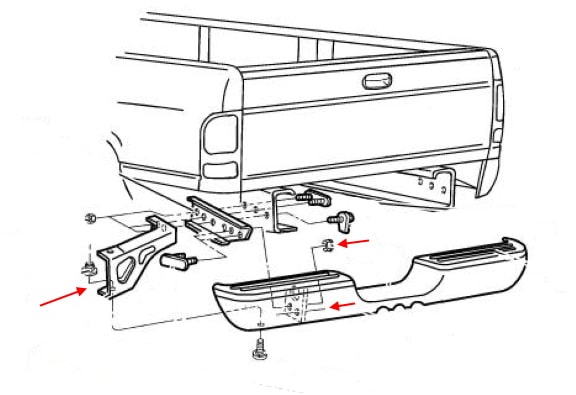 Esquema de montaje del parachoques trasero Dodge Ram II BR/BE (1994-2002)