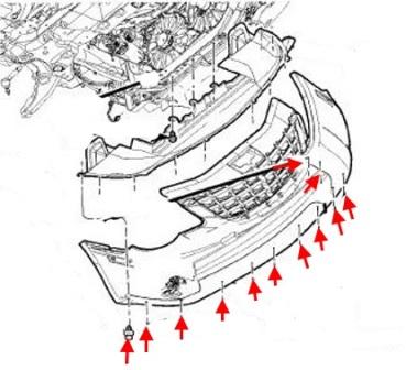 схема крепления переднего бампера Dodge Avenger (2007-2014)