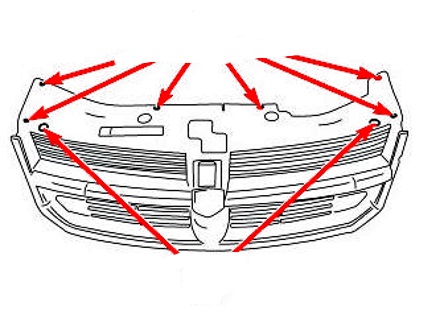 схема крепления решетки радиатора Dodge Avenger (2007-2014)
