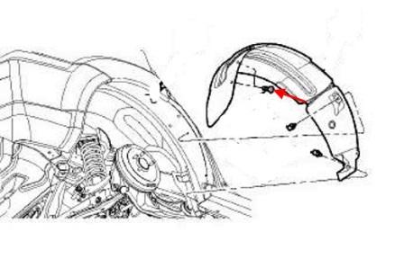 Dodge Caliber diagrama de montaje del revestimiento del arco de la rueda trasera
