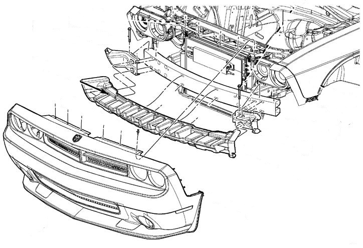 Esquema de montaje del parachoques delantero del Dodge Challenger (desde 2008)