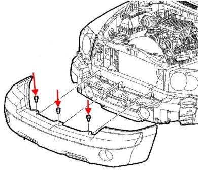 схема крепления переднего бампера Dodge Dakota III (2005-2011)