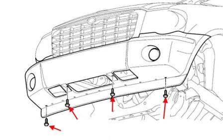 the scheme of fastening of the front bumper of the Dodge Durango (2004-2009)