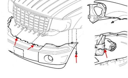 the scheme of fastening of the front bumper of the Dodge Durango (2004-2009)