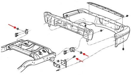 Diagrama de montaje del parachoques trasero de Dodge Durango (1998-2003)