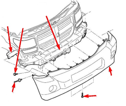 Diagrama de montaje del parachoques delantero del Dodge Nitro