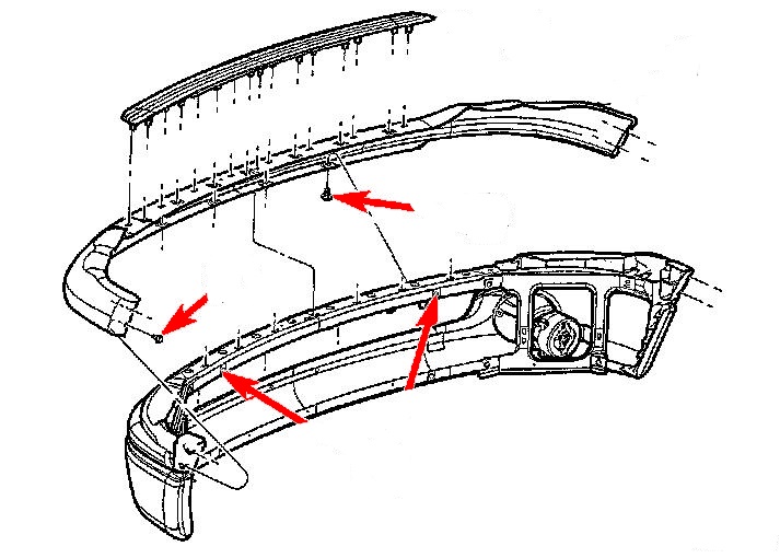 Diagrama de montaje del parachoques delantero de Dodge Ram (1998-2008)