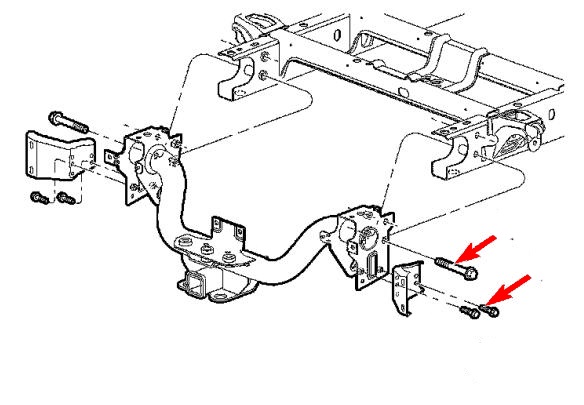 Diagrama de montaje del parachoques trasero de la Dodge Ram (1998-2008)