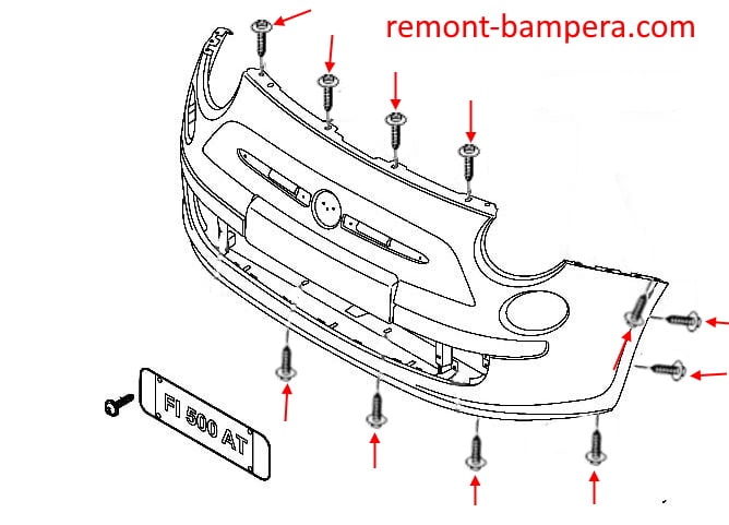 Схема крепления переднего бампера Fiat 500 II (2007-2023)