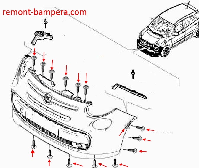 Схема крепления переднего бампера Fiat 500L / 500X (2012-2023)