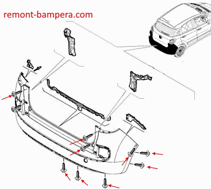 Schéma de montage du pare-chocs arrière Fiat 500L / 500X (2012-2023)