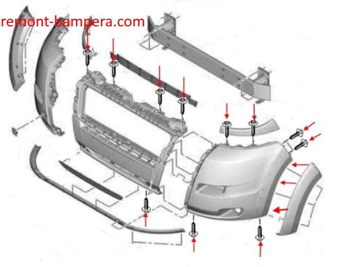 Esquema de montaje del parachoques delantero Fiat Ducato III (2006-2014)