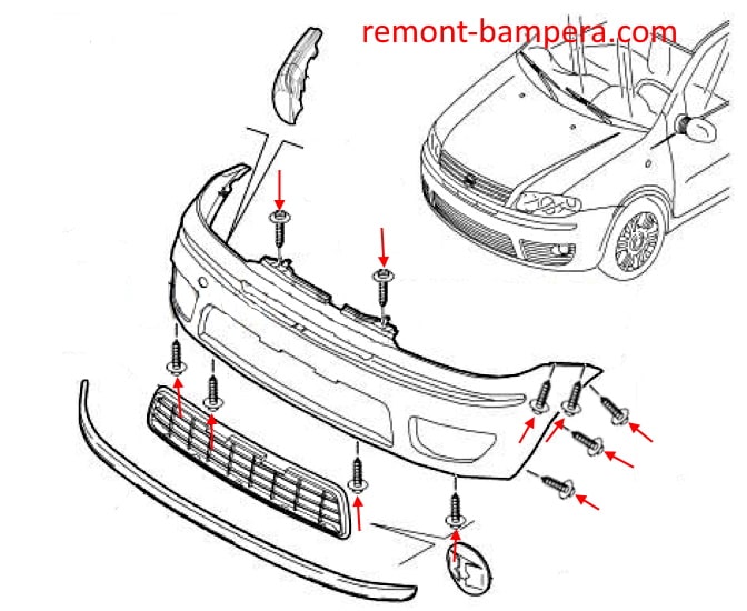Esquema de montaje del parachoques delantero Fiat Punto II (1999-2010)