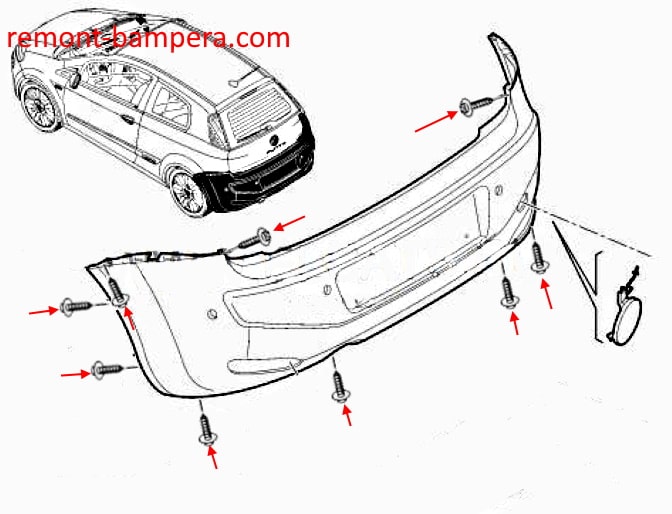 Schéma de montage du pare-chocs arrière Fiat Punto (Grande/Evo) III (2005-2018)