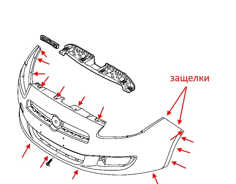 Схема крепления переднего бампера Fiat Bravo (2007-2014)